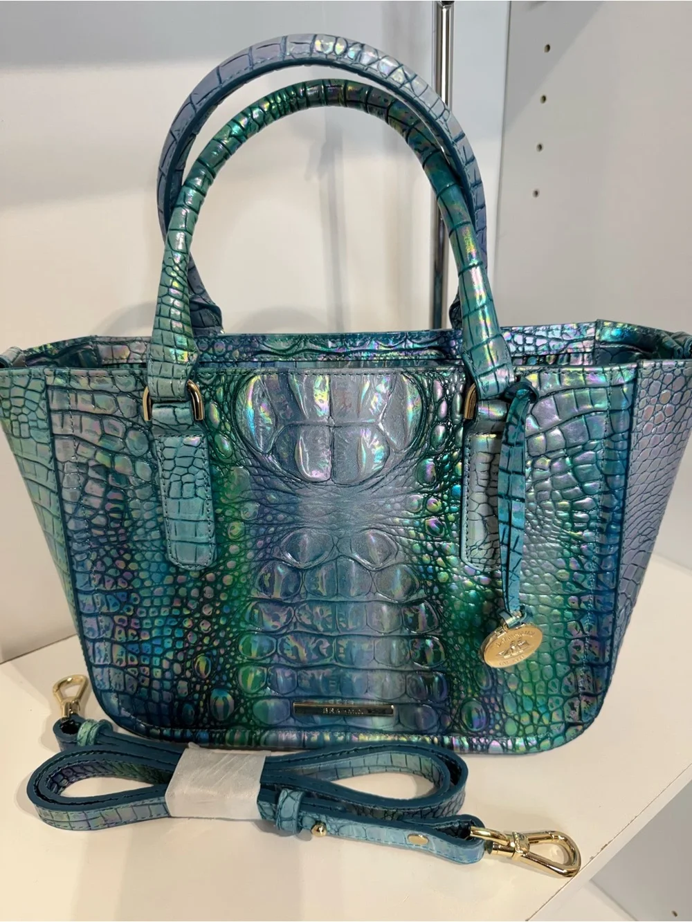 Brahmin small Ashlee Iridescent Croc-Embossed Tote in Teal-Blue